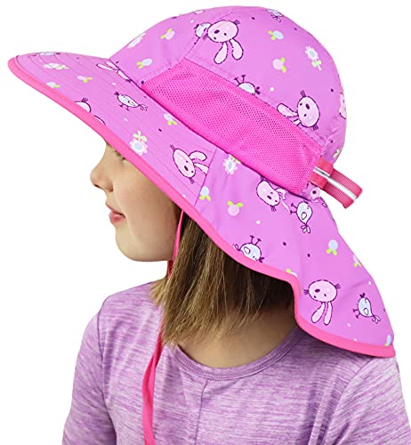 icolor Kids Sun Hat UPF50+ Sun Protection Bucket Hat Toddler Summer Beach Play Hats with Neck Flap for Girl Boy Ages 3~10 - color: Darkpink-rabbit