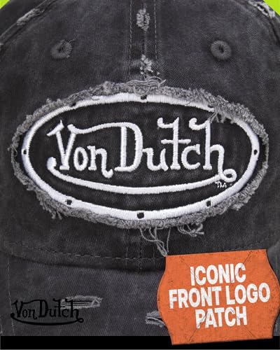 Von Dutch Unisex Cotton Canvas Baseball Cap, Curved Brim, Snapback - color: Black Distressed With Patched
