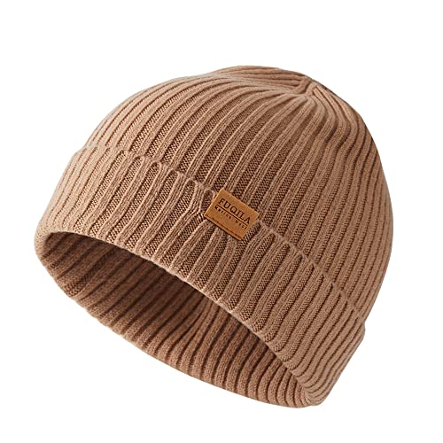 100% Merino Wool Cuff Beanie Hat, Unisex Warm Winter Caps Soft, Breathable & Cozy Stretchy Knitted Cuffed Cap - color: Camel