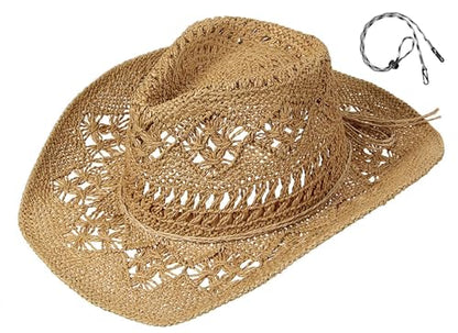 GEMVIE Men & Women's Summer Cowboy Cowgirl Straw Hat Hollow Out Style Roll Up Brim Cowboy Sun Hat - color: Coffee