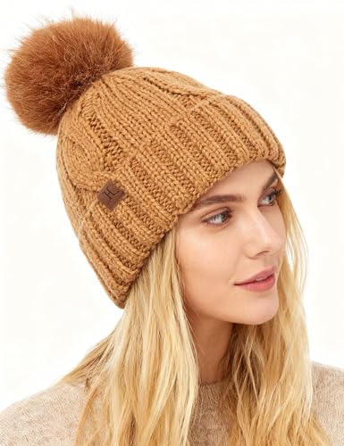 DS DADOU&XIAOSHAN Winter Hats for Women, Fleece Lined Beanie with Pom Pom, Girls Womens Knit Hat Beanies Toboggan - color: Tan