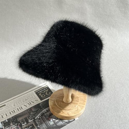 Women's Oversized Faux Fur Bucket Hat, Fluffy Plush Winter Hat, Solid Color - color: Black