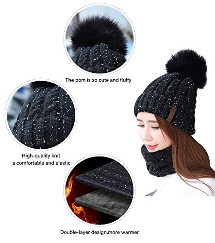 IYEBRAO Womens Winter Knit Beanie Hat and Scarf Set Girls Cute Slouchy Thick Fleece Lined Ski Hat Warm Skull Cap with Pom - color: Black
