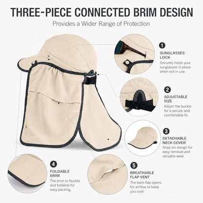 Palmyth Fishing Sun Hat with Detachable Neck Flap UPF 50+ Baseball Cap - color: Beige