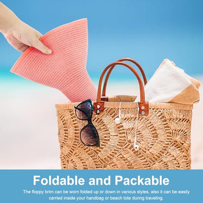 AQOKKA Sun Hats for Women Big Straw Wide Brim Summer Beach Hat Floppy Foldable Roll up Cap for Outdoor UPF 50+ - color: Wide Brim : Pink