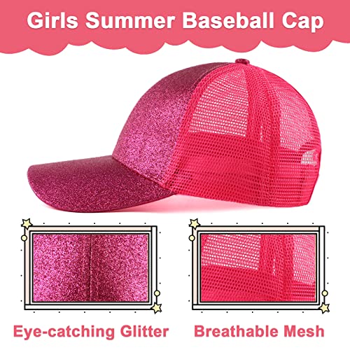 Zsedrut Girls Glitter Baseball Cap Kids Adjustable Ponytail Hat Toddler Summer Mesh Trucker Hats - color: Rosered