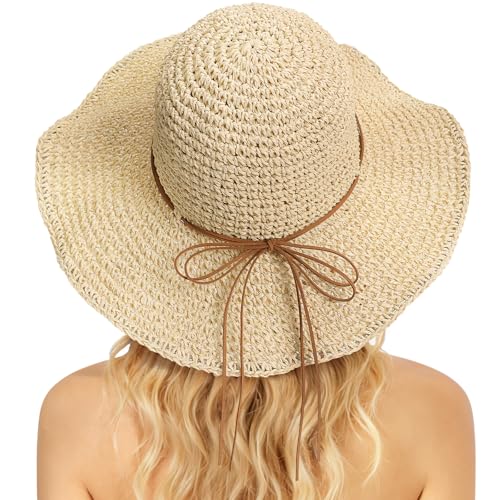 Beach Sun Straw Hats for Women Floppy Wide Brim UV Packable Summer - color: Beige