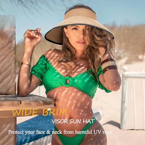 Women's Sun Visor Hats Wide Brim Straw Beach Hat Ponytail Hats for Women Foldable Floppy - color: 1pack-khakiblack
