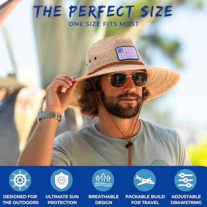 Qwave Packable Stone-Washed Straw Lifeguard Hat for Men and Women - Beach Straw Hat Protects from Summer Sun - color: Ocean Blues