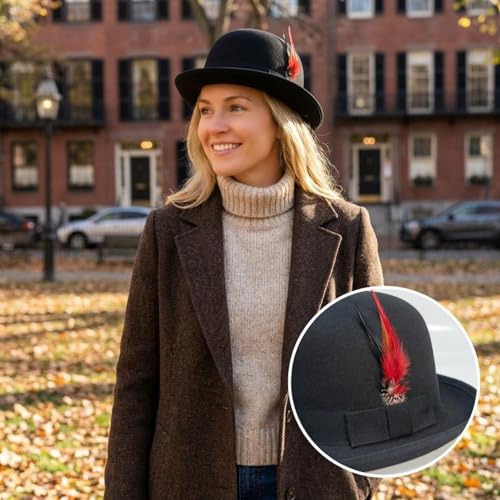 Classic Fedora Hat with Feather, Dome Hard Bowler Cap - color: Black