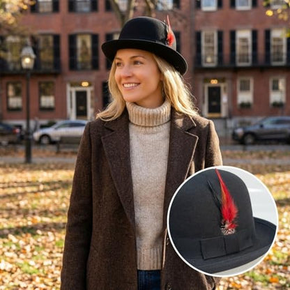 Classic Fedora Hat with Feather, Dome Hard Bowler Cap - color: Black