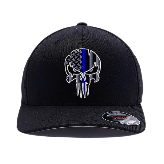 G&B Red Thin Red/Blue Line Spartan Helmet & Distressed Skull Flex Baseball Cap. Embroidered. 6277/6477 Flex Baseball Hat - color: Black-2, size: Large-X-Large