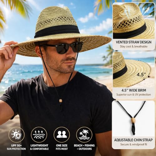 SUN & FUN Men's Straw Outback Lifeguard Sun Hat with Wide Brim, Natural/ Black, One Size / Adjustable