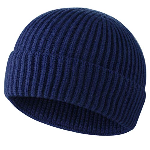 ROYBENS Swag Wool Knit Cuff Short Fisherman Beanie for Men Women Winter Hat - color: 1pcs-navy Blue