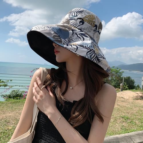 Women Wide Brim Sun Protection Hat Summer Fishing Hats - color: Black and Leaf Print