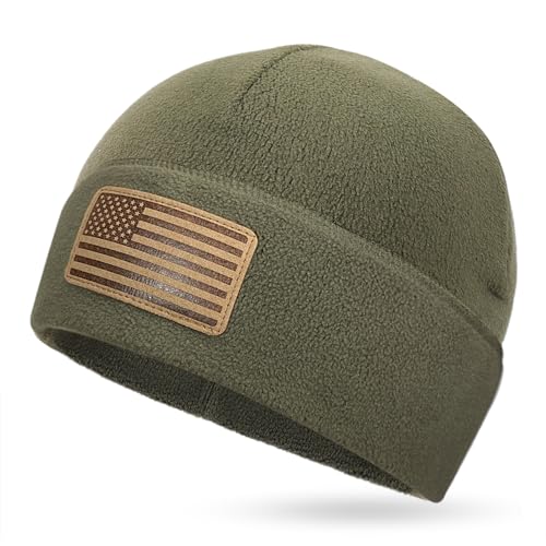 OUTDOOR SHAPING American Leather Flag Fleece Watch Cap, USA Multi-Season Army Military Tactical Beanie, Winter Warm Beanie - color: Fleece Army Green