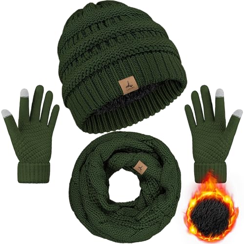 LOROME Winter Beanie Hat Scarf Gloves, Warm Fleece Knit Neck Scarf Set Gift - color: Olive Drab