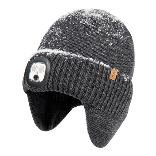 TOP-EX DryKnit™ Waterproof 50% Merino Wool LED Beanie Hat with Ear Flaps - color: Grey+gift Box, size: X-Large-XX-Large