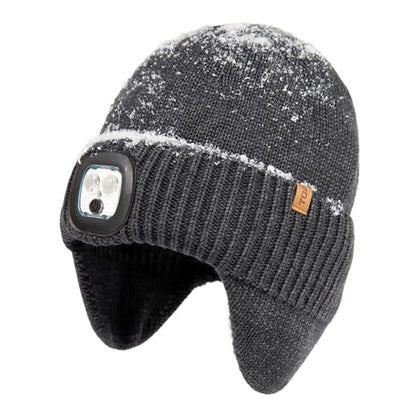 TOP-EX DryKnit™ Waterproof 50% Merino Wool LED Beanie Hat with Ear Flaps - color: Grey+gift Box, size: X-Large-XX-Large