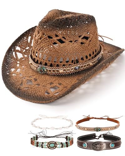FURTALK Straw Cowboy Hat for Women with 4 Decorative Bands Cowgirl Hat - color: Khaki-dark Egde