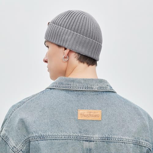 100% Merino Wool Fisherman Beanie Hat, Unisex Warm Winter Hats, Soft Breathable Knitted Short Cuffed Cap - color: Light Grey