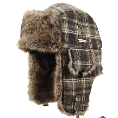 Unisex Winter Trapper Hat Cold Proof Keep Warm Hat with Ear Flaps for Hunting Skiing Trooper Outdoor Activities - color: Dark Plaid Series-green, size: Medium-Large
