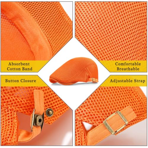 Xinveen Men's Mesh Cap Breathable Summer Newsboy Hat Adjustable Beret Ivy Cap Irish Cabbie Driving Hunting Hats - color: Orange