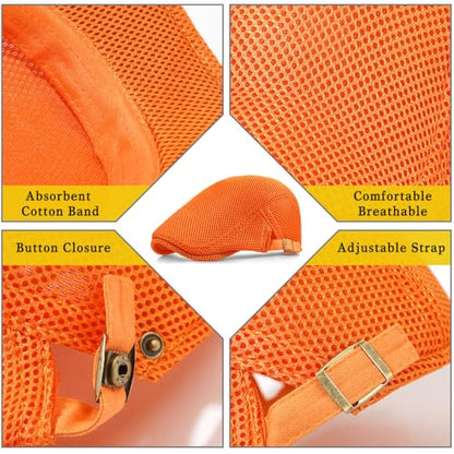Xinveen Men's Mesh Cap Breathable Summer Newsboy Hat Adjustable Beret Ivy Cap Irish Cabbie Driving Hunting Hats - color: Orange