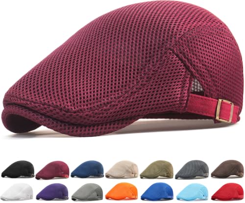 Initlove Mens Mesh Newsboy Cap Breathable Beret Ivy Hat Cabbie Driving Hats for Women - color: Wine Red