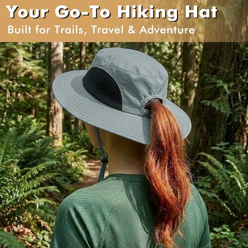 Tirrinia Sun Hats for Women, Wide Brim Hat with Ponytail Hole - color: #Grey-23.7'' Head