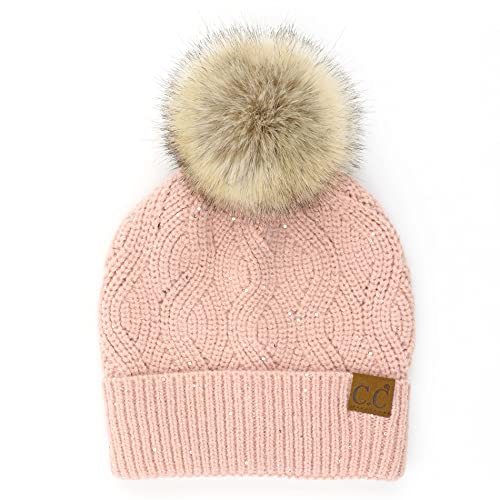 C.C Hatsandscarf Exclusives Unisex Solid Ribbed Beanie with Pom (HAT-43) - color: A Brioche Cable Pattern-rose