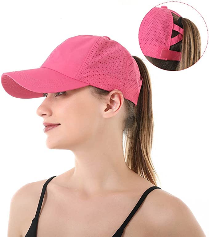 Womens Ponytail Hat Baseball Cap, Adjustable Criss Cross Baseball Cap High Bun Unisex Quick Drying Trucker Hats - color: Zrose Red