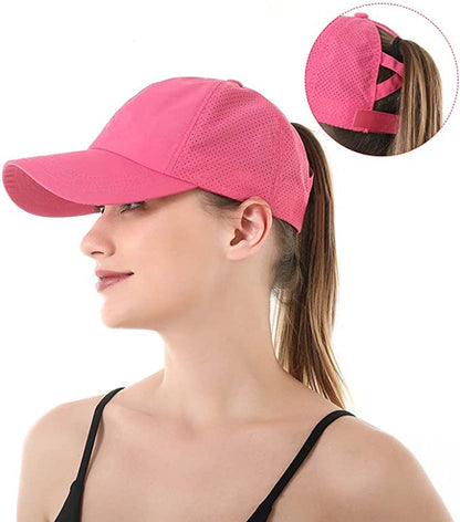 Womens Ponytail Hat Baseball Cap, Adjustable Criss Cross Baseball Cap High Bun Unisex Quick Drying Trucker Hats - color: Zrose Red