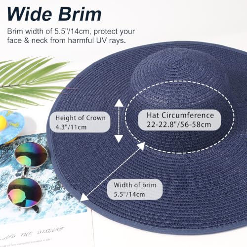 DRESHOW Big Straw Sun Hats for Women Floppy Foldable Roll up Beach Cap Sun Hat UPF 50+ Vacation Honeymoon Embroidered Hat - color: Medium Size: Navy / Brim 5.5" (Head Circumference 22-22.8")