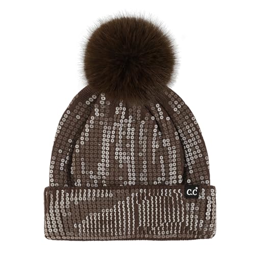 C.C Sequin Pom Beanie for Women - Acrylic Stretchable Soft Warm Knit Winter Skully Hat with Yarn Pom - color: Clear Sequin-chocolate
