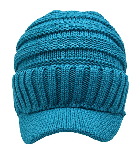 C.C Trendy Warm Oversized Chunky Soft Oversized Ribbed Slouchy Knit Hat with Visor Brim - color: Teal