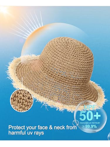 LA CARRIE Womens Sun Hat Floppy Packable Wide Brim UV Protection UPF 50+ Straw Hat with Fringe for Summer Beach - color: Khaki