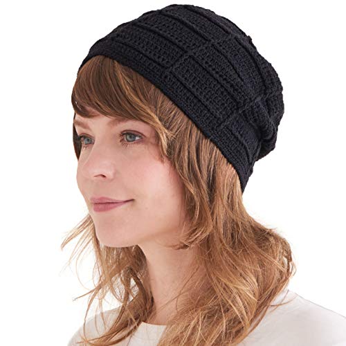 CHARM Mens Summer Beanie Cotton - Womens Crochet Slouch Cap Hand Made Chemo Hat - color: Black