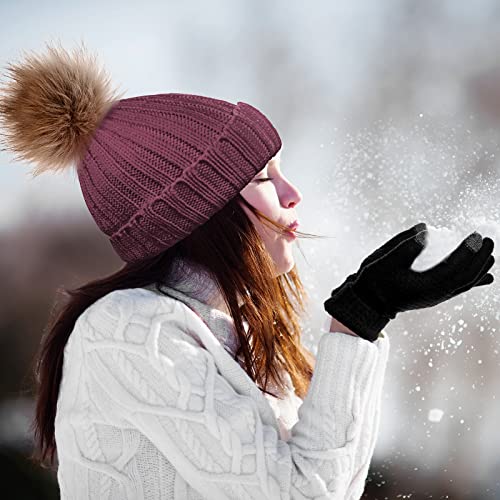 Syhood 4 Pcs Hat and Glove Set Winter Beanie and Glove Set - color: Black and Wine Red