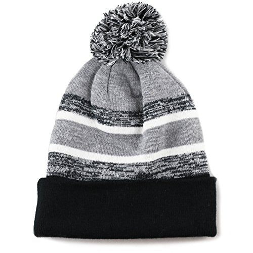 Winter Knit Beanie Hat with Pom Pom – Warm Cuffed Slouch Ski Cap for Men & Women - color: 1.black and Grey With Pom