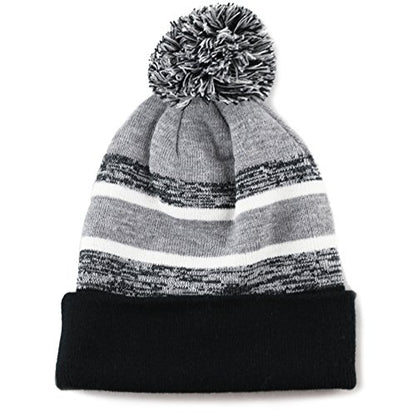 Winter Knit Beanie Hat with Pom Pom – Warm Cuffed Slouch Ski Cap for Men & Women - color: 1.black and Grey With Pom