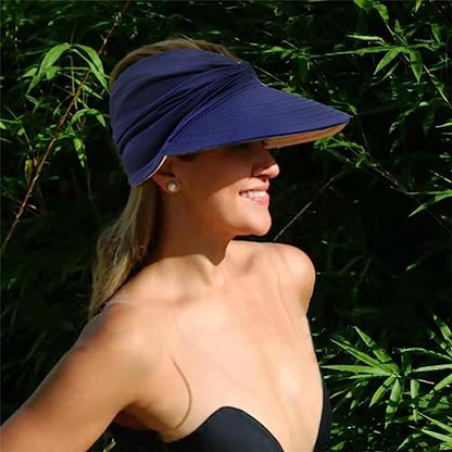 Sun Hat Women Beach Visor Cap UV Protection with Wide Brim Packable Summer Sport Ponytail Sun Cap - color: Navy Blue