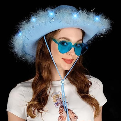 Funcredible Light Up Cowboy Hat and Glasses – LED Cowgirl Hat with Feathers – Cowgirl Costume Accessories for Women - color: Lightblue