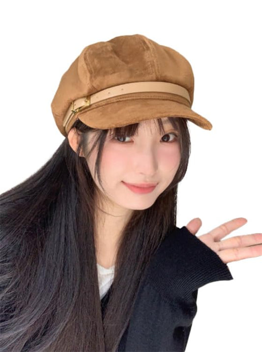 Vintage Newsboy Hats Winter Suede Caps Women's Octagonal Hat Fashion Gatsby Cabbie Baker Visor Beret Hat - color: A-light-brown