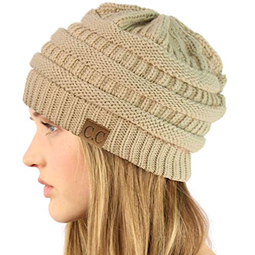 CC Classic Winter Fall Trendy Chunky Stretchy Cable Knit Beanie Hat - color: Solid Beige