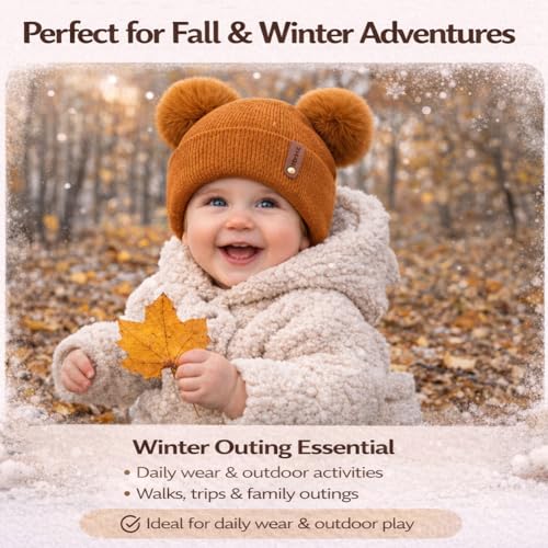 Toddler Winter Beanie Hats 3 Pack – Double Pom Pom Soft Knitted Hats for Baby Boys Girls 6–36 Months - color: Purple+pink+caramel