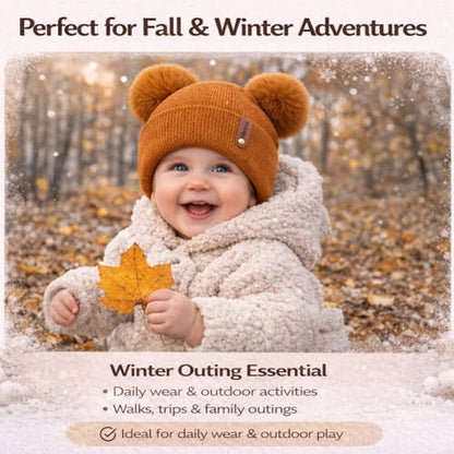 Toddler Winter Beanie Hats 3 Pack – Double Pom Pom Soft Knitted Hats for Baby Boys Girls 6–36 Months - color: Purple+pink+caramel