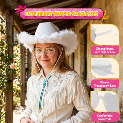4E's Novelty Cowboy Hat with feathers With Heart Shaped Sunglasses for Women, Felt Cowgirl Hat for Party Costume Dress Up - color: White