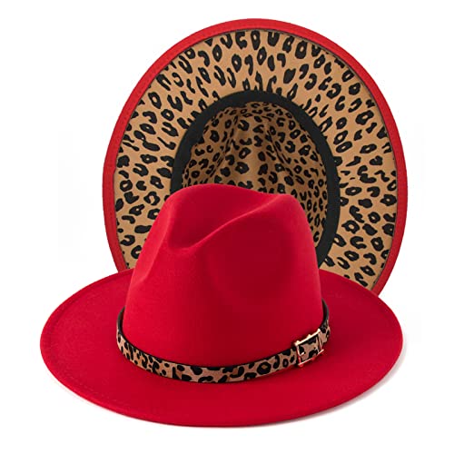Women's Wide Brim Felt Fedora Panama Hat with Leopard - color: Y-red & Leopard