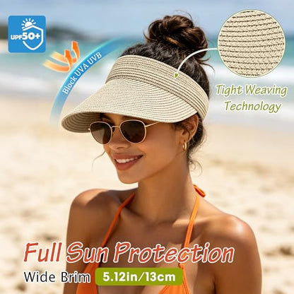 3 Pack Women Straw Sun Visor Hats, Wide Brim UV UPF 50+ Protection Beach Visor, Packable Adjustable Summer Hats for Traveling - color: Beige+beige+beige